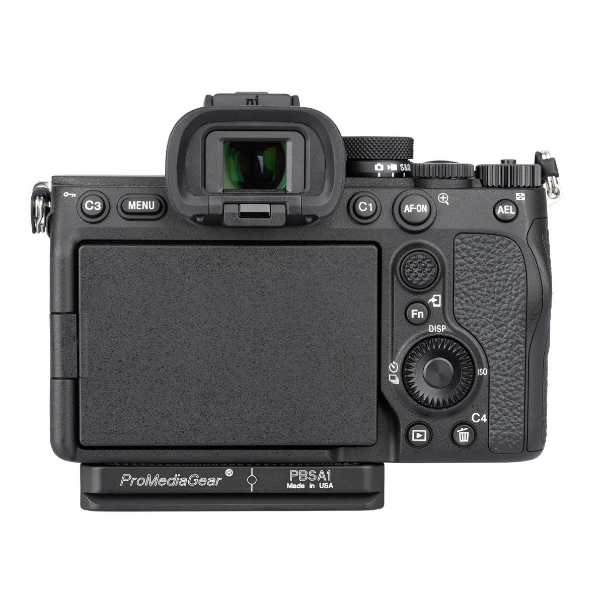 Looking here at read of Sony A7IV camera, plate allows the LCD to be fully articulated and works with L-Bracket vertical parts, Handles, and Flash Brackets, mountable to Arca Type Tripods.